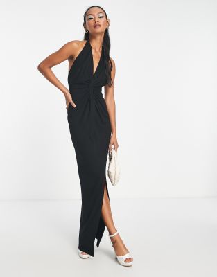 ASOS DESIGN - Maxikleid in Schwarz mit super tiefem Ausschnitt und Zierknoten