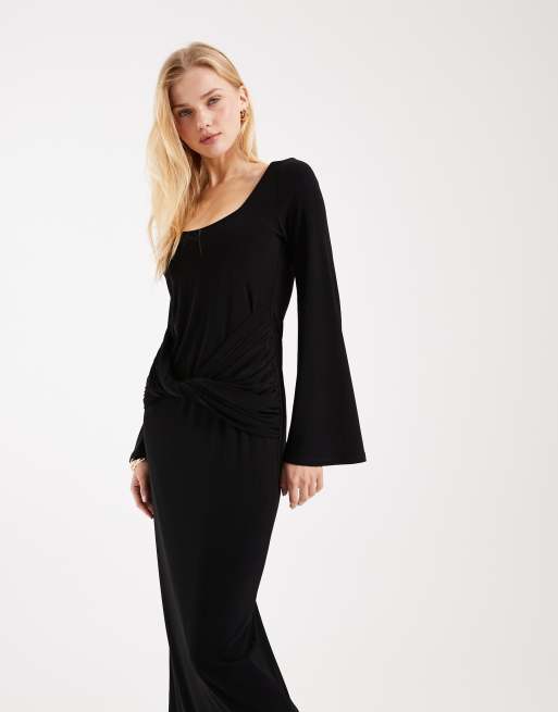 ASOS DESIGN – Maxikleid in Schwarz mit Trompetenärmeln und verdrehtem Detail, 4 von 4
