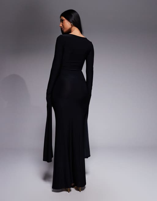 ASOS DESIGN – Maxikleid in Schwarz mit U-Ausschnitt und auffällig drapierten, bodenlangen Ärmeln, 3 von 4