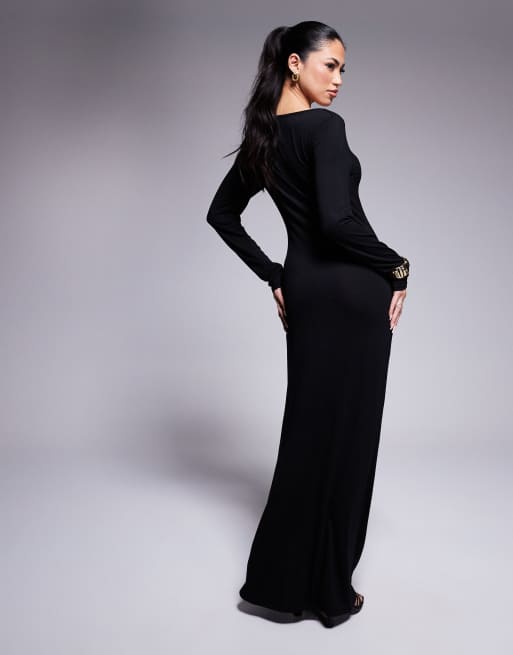 ASOS DESIGN – Maxikleid in Schwarz mit U-Ausschnitt und Schlüsselloch-Detail mit Besatz, 2 von 4