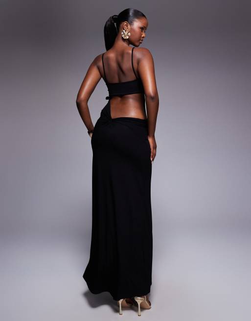 ASOS DESIGN – Maxikleid in Schwarz mit verdrehter, eingekerbter Rückenpartie und Schlitz, 4 von 4