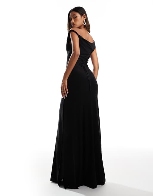 ASOS DESIGN – Maxikleid in Schwarz mit verdrehter Schulterpartie und Schnürung hinten, 2 von 4