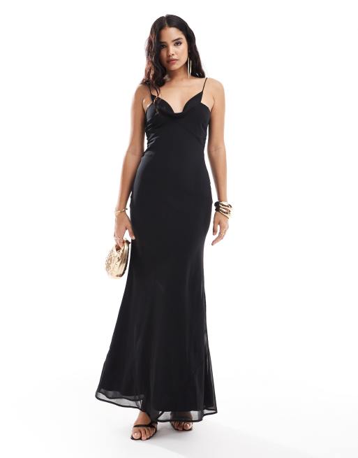 ASOS DESIGN – Maxikleid in Schwarz mit Wasserfallausschnitt und Nahtdetail