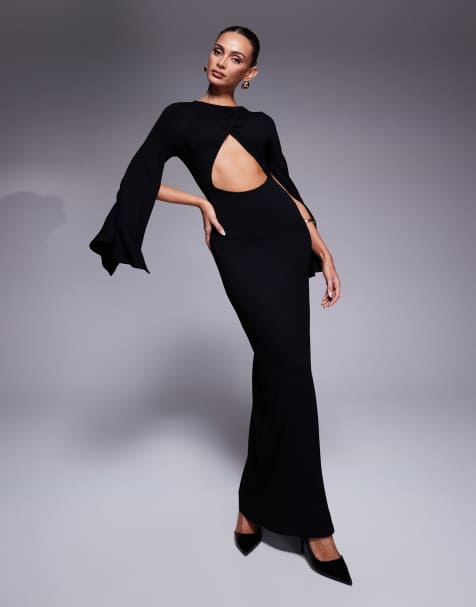 ASOS DESIGN – Maxikleid in Schwarz mit Zierausschnitt und Flügelärmeln mit Schlitz - view 1
