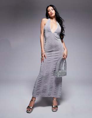 ASOS DESIGN - Maxikleid in Silber mit tiefem Ausschnitt