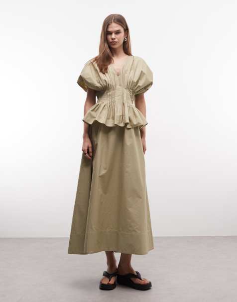 ASOS DESIGN – Maxikleid in Steinbeige mit V-Ausschnitt, geraffter Taille und Schößchen - view 1