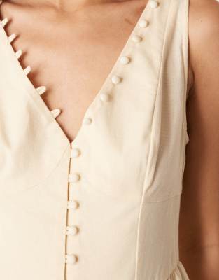 ASOS DESIGN V-neck button through maxi dress with dropped waist in stone