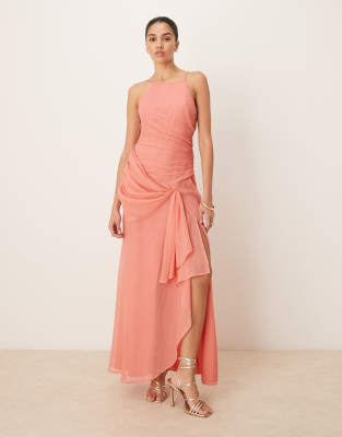 ASOS DESIGN - Maxikleid in Terrakotta mit Ringerrücken, Riemchenträgern und drapiertem Rock-Orange
