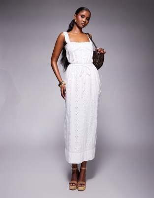 ASOS DESIGN - Maxikleid in Weiß mit Lochstickerei und quadratischem Ausschnitt