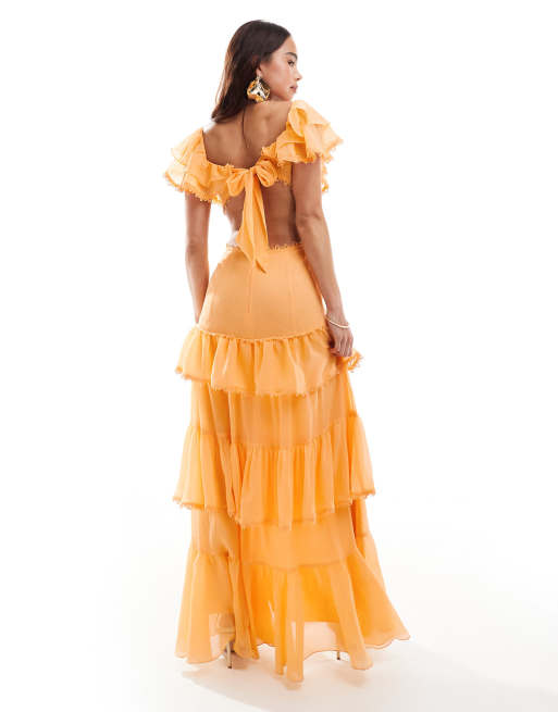 ASOS DESIGN – Maxikleid in zartem Orange mit Flatterärmeln, Spitzensaum und gestuftem Rock, 4 von 4