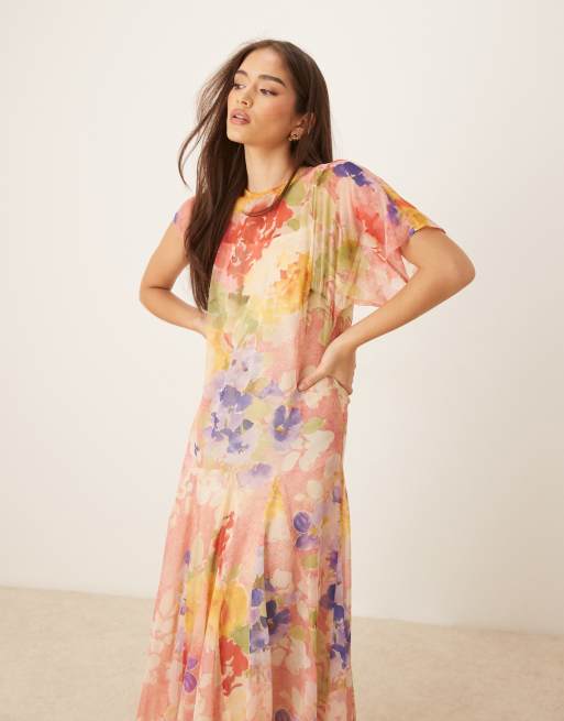 ASOS DESIGN – Maxikleid mit abstraktem Muster, asymmetrischen Ärmeln und Rock mit Godet-Falten, 2 von 4