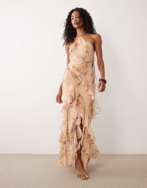  ASOS DESIGN – Maxikleid mit asymmetrischem Schnitt, Rüschen, Blumenmuster und nach hinten abfallendem Saum, 2 von 4