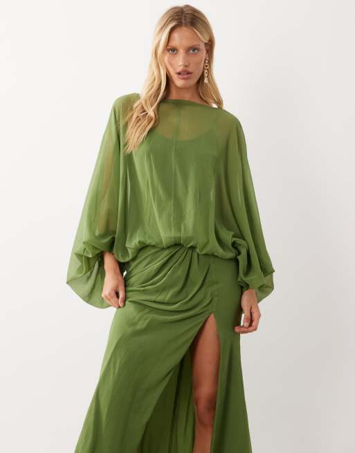 ASOS DESIGN Maxikleid mit Ballonärmeln und Blouson-Taille in Olivgrün, 3 von 4