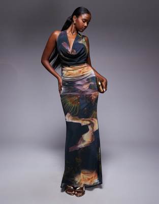ASOS DESIGN - Maxikleid mit blauem Print und tiefem Wasserfallausschnitt-Bunt