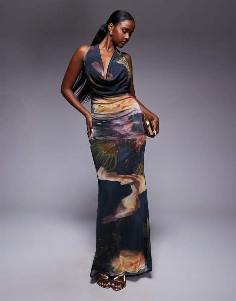 ASOS DESIGN – Maxikleid mit blauem Print und tiefem Wasserfallausschnitt - view 1