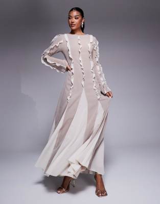 ASOS DESIGN - Maxikleid mit Blockfarbend-Design in Stone & Cremeweiß, Godet-Saum und Rüschennähten-Bunt