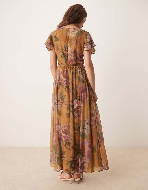 ASOS DESIGN – Maxikleid mit Blumenmuster Trompetenärmeln, Zierausschnitt und V-Ausschnitt, 4 von 4