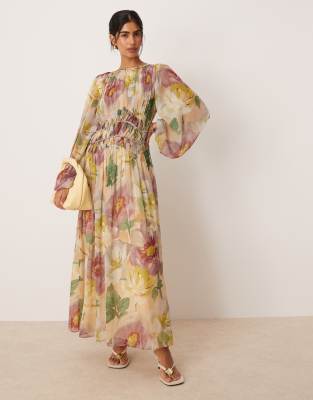 ASOS DESIGN - Maxikleid mit Blumenmuster und Makramee-Taille-Bunt