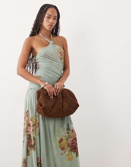 ASOS DESIGN Maxikleid mit Blumenprint, Knoten-Halterneck und Schärpendetail in Blau, 2 von 4