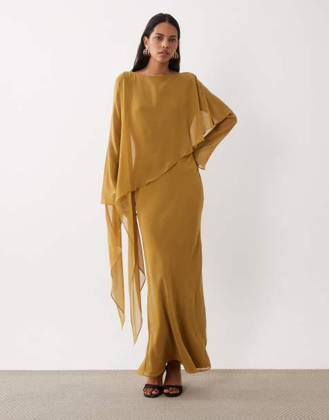 ASOS DESIGN Maxikleid mit Cape-Detail und langen Ärmeln in dunklem Ocker - view 1