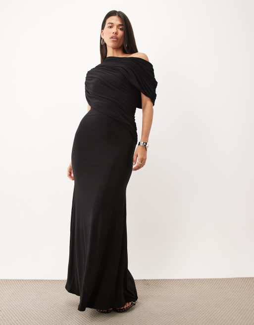 ASOS DESIGN Maxikleid mit Carmen-Ausschnitt, Wickel-Oberteil, Detail und Schleppe in Schwarz, 2 von 4