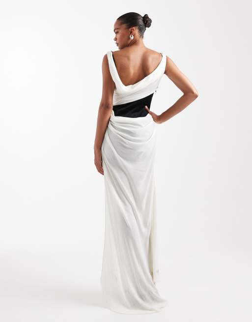 ASOS DESIGN – Maxikleid mit drapiertem Rock und kontrastierendem, verstärktem Samt-Mieder in Schwarz-Weiß, 2 von 4