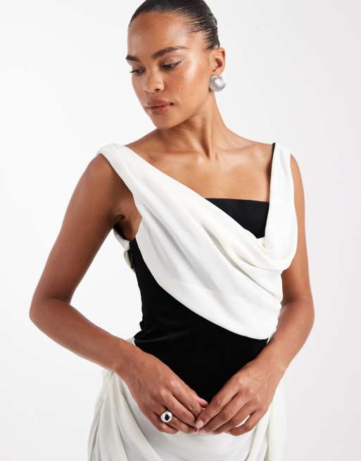 ASOS DESIGN – Maxikleid mit drapiertem Rock und kontrastierendem, verstärktem Samt-Mieder in Schwarz-Weiß, 3 von 4