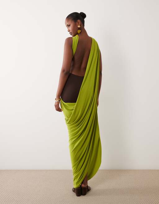 ASOS DESIGN Maxikleid mit drapiertem Rock und Schal-Detail in Braun und Grün, 3 von 4