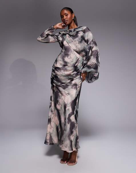 ASOS DESIGN – Maxikleid mit drapierter Vorderseite, Blousonärmeln und abstraktem Marmormuster in Anthrazit - view 1