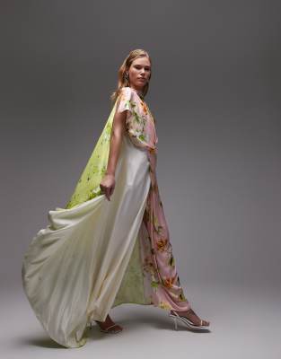 ASOS DESIGN - Maxikleid mit drapierter Wasserfall-Vorderseite und Blumenmuster-Mix-Bunt