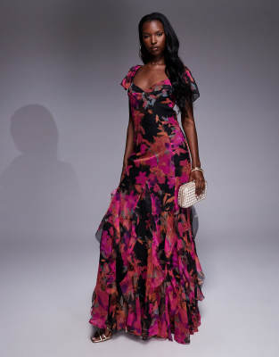 ASOS DESIGN - Maxikleid mit dunklem Blumenmuster, Flügelärmeln, Rüschen und Godet-Details-Bunt