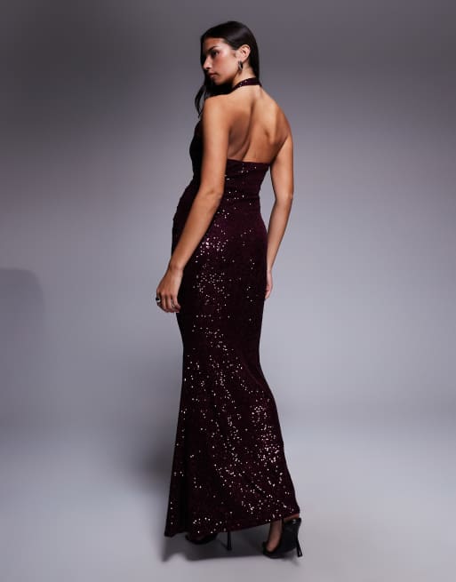 ASOS DESIGN – Maxikleid mit durchgehendem Paillettenbesatz in Burgunderrot mit tiefem Ausschnitt, 3 von 4