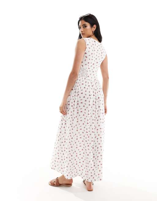 ASOS DESIGN – Maxikleid mit eckigem Ausschnitt, geraffter Brustpartie, Spitzeneinsätzen und Rosenmuster, 2 von 4