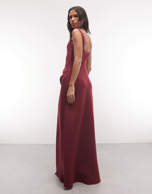 ASOS DESIGN Maxikleid mit eckigem Ausschnitt und gerafftem Rockdetail in Burgunderrot aus Scuba-Optik, 4 von 4