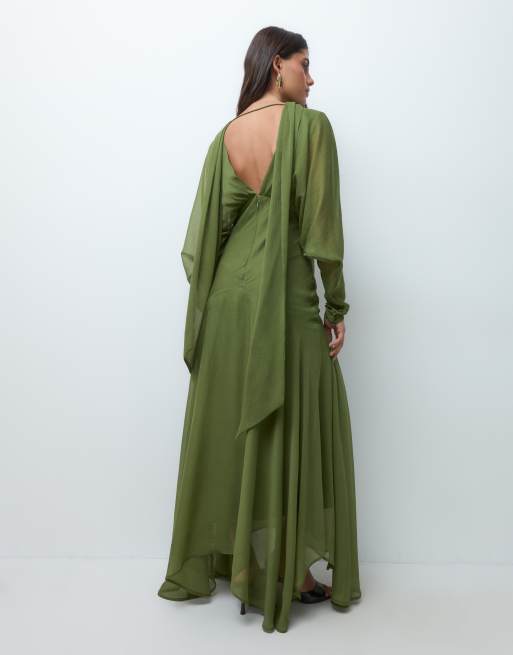 ASOS DESIGN Maxikleid mit Fledermausärmeln, asymmetrischem weit schwingendem Rock und Schal in Olivgrün, 5 von 5