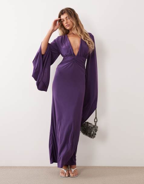 ASOS DESIGN Maxikleid mit Fledermausärmeln und tiefem Ausschnitt in Lila - view 1