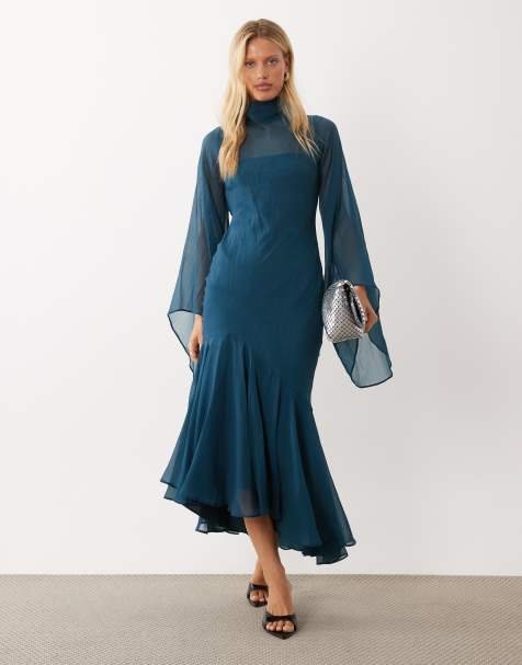 ASOS DESIGN Maxikleid mit Flötenärmeln und asymmetrischem Volantsaum in Petrol - view 1