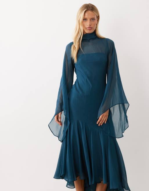 ASOS DESIGN Maxikleid mit Flötenärmeln und asymmetrischem Volantsaum in Petrol, 3 von 4