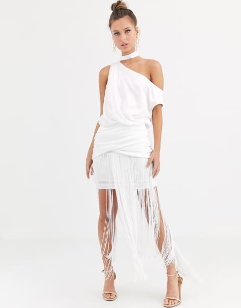 ASOS DESIGN – Maxikleid mit Fransenbesatz, One-Shoulder-Träger und Satinoberteil