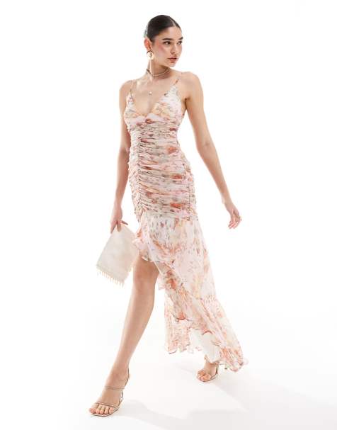 ASOS DESIGN – Maxikleid mit geraffter Vorderseite, Rüschen, floralem Animalprint und nach hinten abfallendem Saum - view 1
