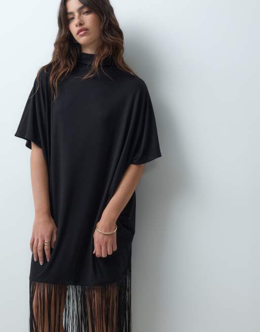ASOS DESIGN Maxikleid mit halblangen Ärmeln und durchgehenden Fransen in Braun, 5 von 5