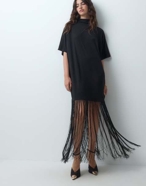 ASOS DESIGN Maxikleid mit halblangen Ärmeln und durchgehenden Fransen in Schwarz - view 1