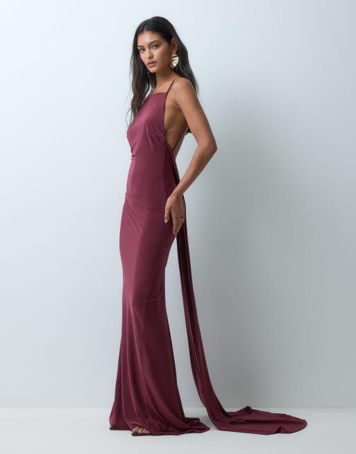 ASOS DESIGN Maxikleid mit hohem eckigen Ausschnitt und Knopfschleppe in Beerenrot, 2 von 5