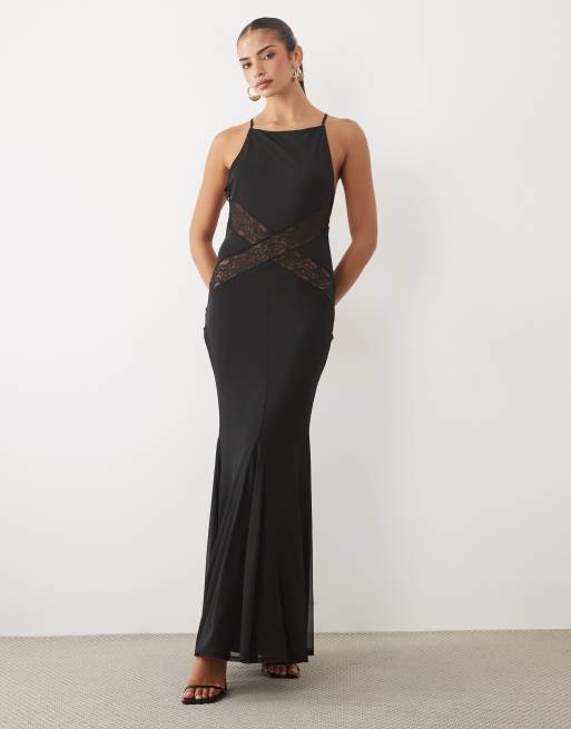 ASOS DESIGN Maxikleid mit hohem Halterneck und überkreuztem Spitzendetail in Schwarz, 3 von 4
