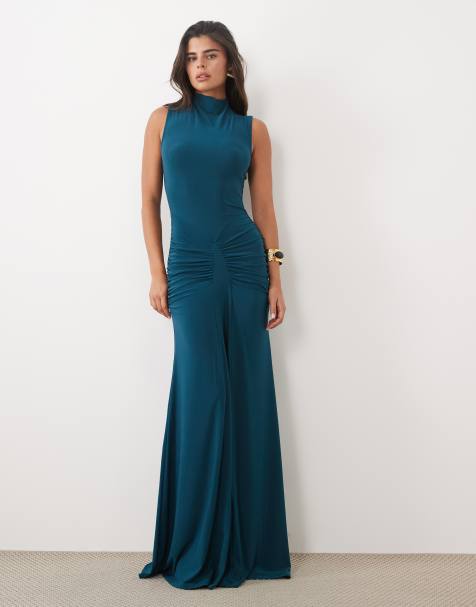 ASOS DESIGN Maxikleid mit hohem Kragen, Godet-Detail und schmaler Silhouette in Petrolblau - view 1