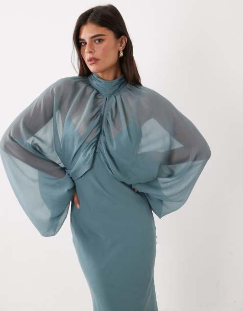 ASOS DESIGN Maxikleid mit Keyhole-Overlay, Blousonärmeln und schräg geschnittenem Camisole-Unterkleid in Stahlblau - view 1