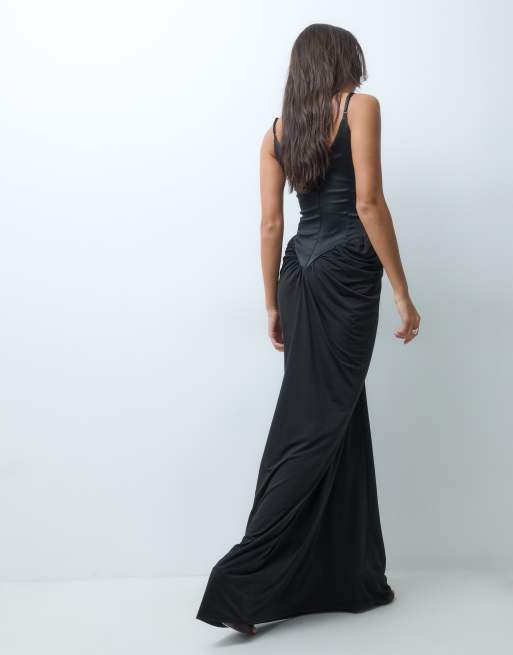 ASOS DESIGN Maxikleid mit Korsett-Oberteil, Perlenbesatz und Schleppe in Schwarz, 3 von 5