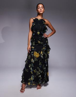 ASOS DESIGN - Maxikleid mit Leiterspitzendetail, Rüschen und Blumenmuster-Bunt