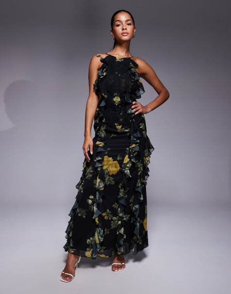 ASOS DESIGN – Maxikleid mit Leiterspitzendetail, Rüschen und Blumenmuster - view 1
