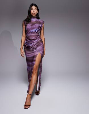 ASOS DESIGN - Maxikleid mit Marmormuster, drapiertem Detail und Kappärmeln-Bunt